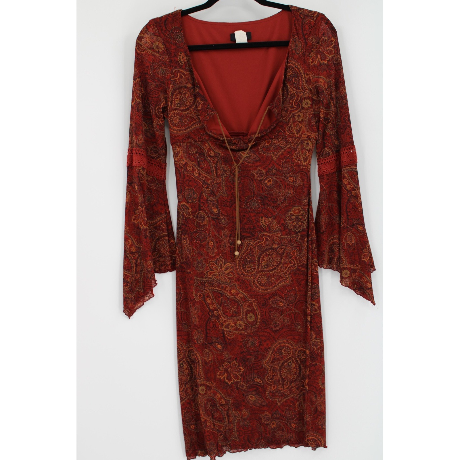 Zinc Sz M Paisley Bell Sleeve Boho Crochet Retro Hippie Goblincore Fairy Nature